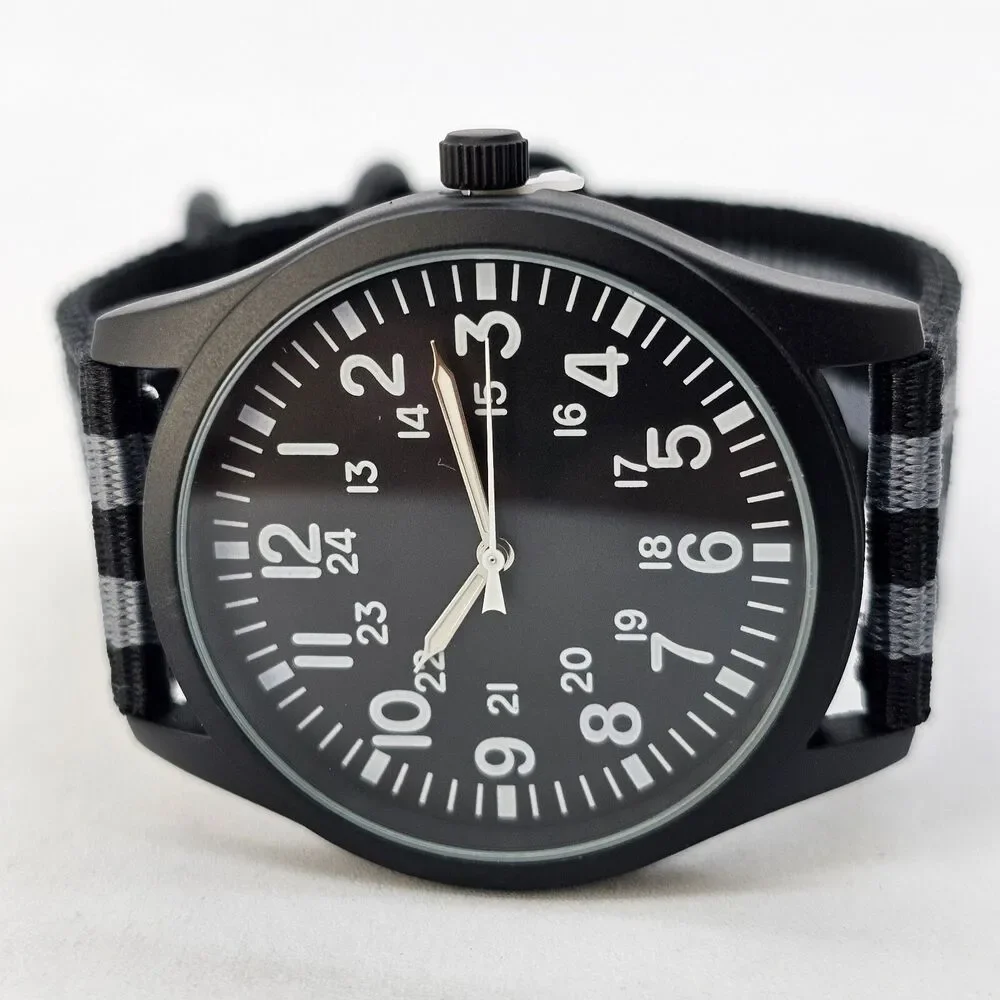 Men's Miltiary Field Watch 42MM Black Case Dial Black Gray Canvas Band‎ Straps